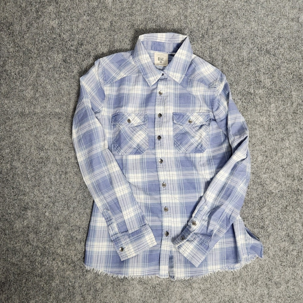 Billabong Shirt Women S P Blue White Tartan Plaid Long Sleeve Button Down Slim